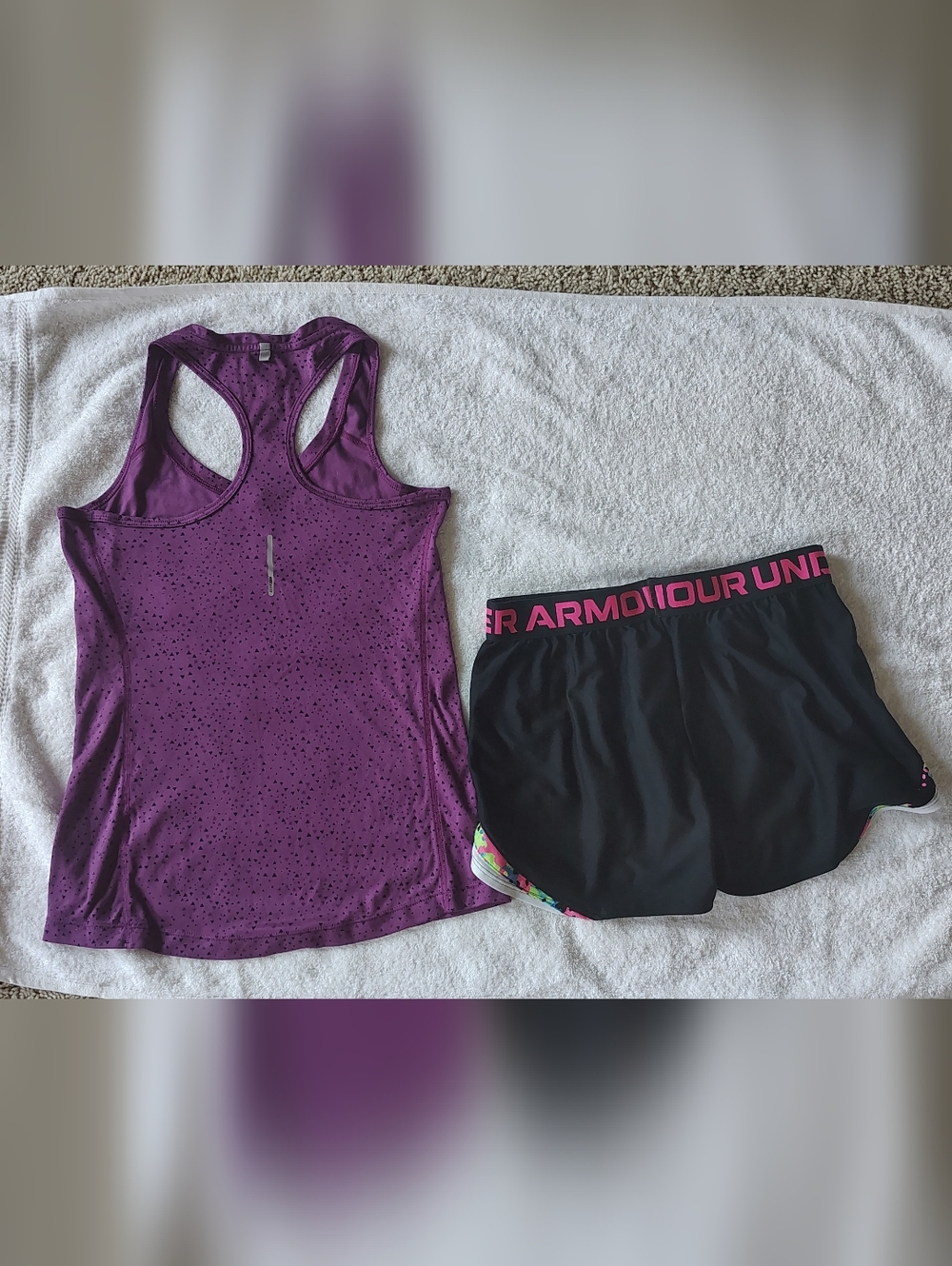 NIKE Purple with Black Designs Racer Back Tank & Under Armour Black Shorts